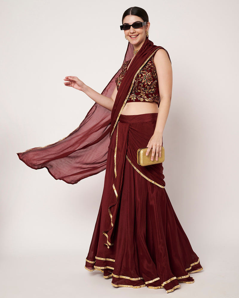 Maroon Embroidered Drape Saree