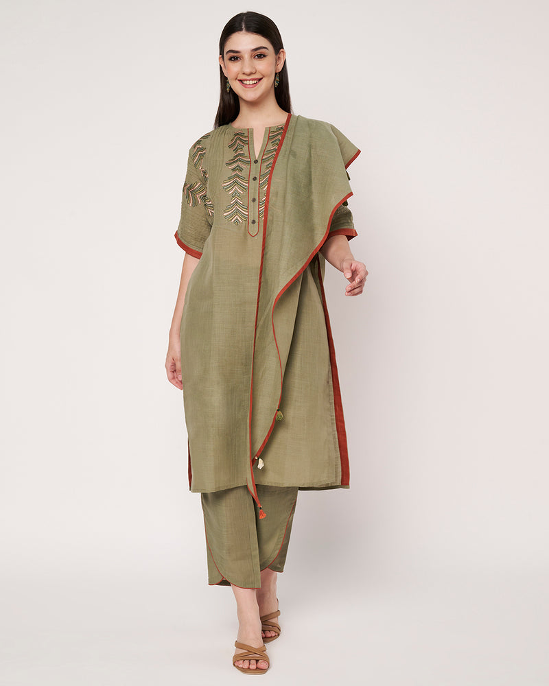 Olive Breeze Embroidered Linen Kurta Set