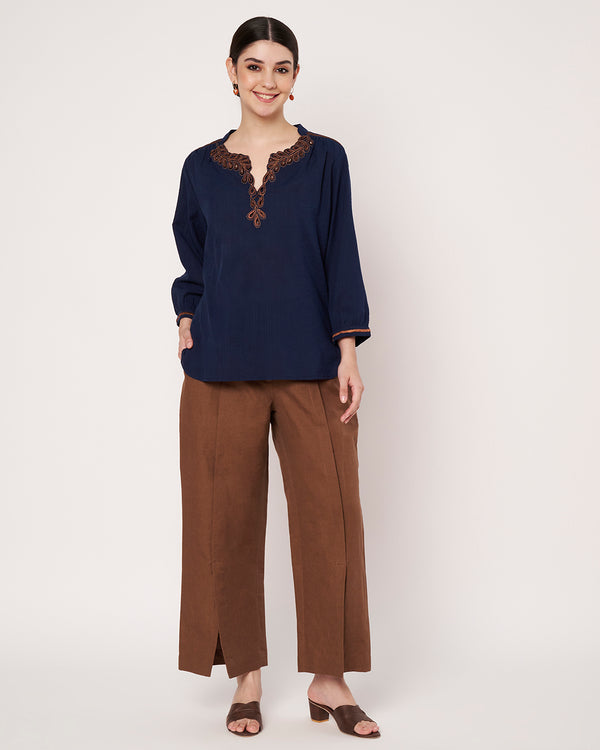 Navy Blue Embroidered Tunic with Brown  Linen Pants