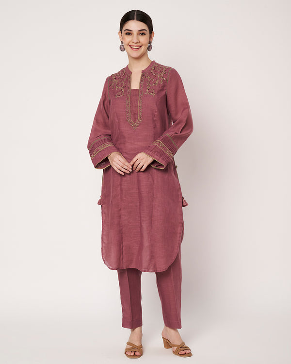 Dark Mauve Embroidered Kurta Set
