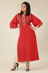 Rust red Linen Kurta with delicate spring blossom embroidery