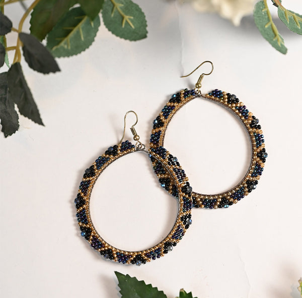 Navy And Gold Seed Beads Earring