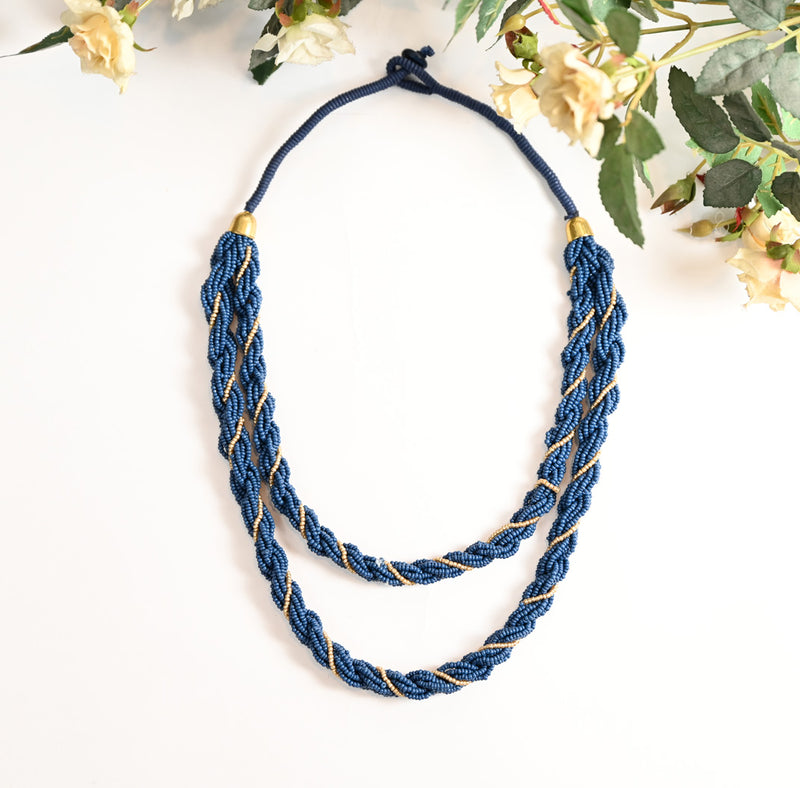 Navy And Gold Seed Beads Necklace