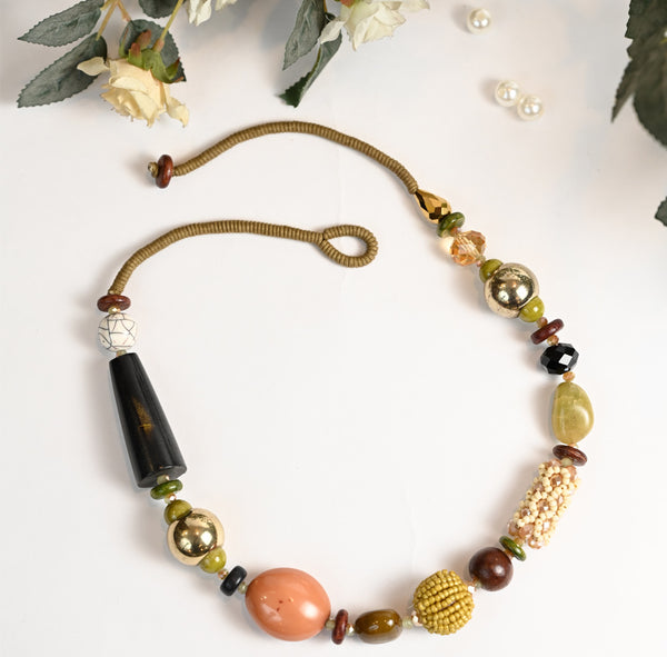 Glass Bead , Wood Necklace